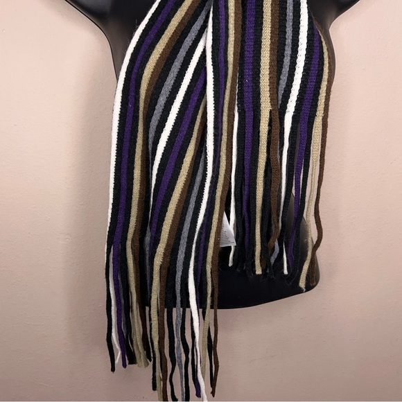 Striped Scarf With Fringe Accent Knit Womens Brown Ton Black Purple - Picture 4 of 13